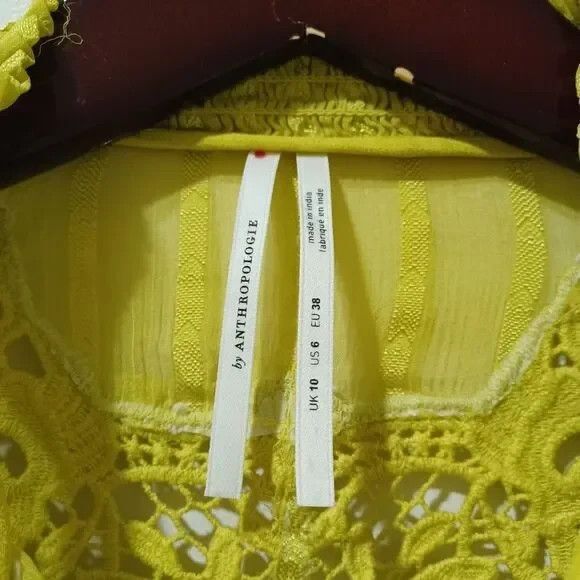 Anthropologie Moira Shirt Peasant Blouse in Chartreuse Yellow Size 6 Lace Boho - Picture 4 of 7